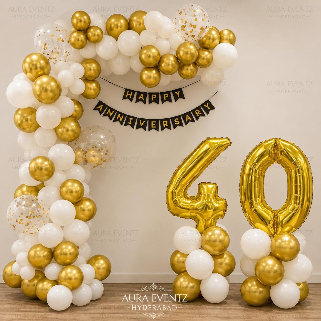 Gold & White 40th Anniversary Balloon Decoration